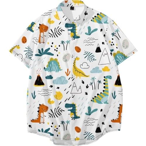 Male Loose Summer Casual Turn Down Collar Blouse Tops New Mens Short Sleeve Cartoon Dinosaur Print Shirts Plus Size 6XL