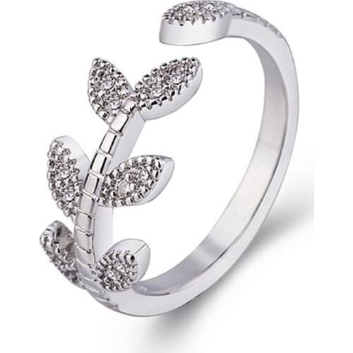 New 925 Silver Jewelry Rings with Zircon Gemstone Leaf Shape Open Finger Ring for Women Wedding Party Promise Ornament Wholesale