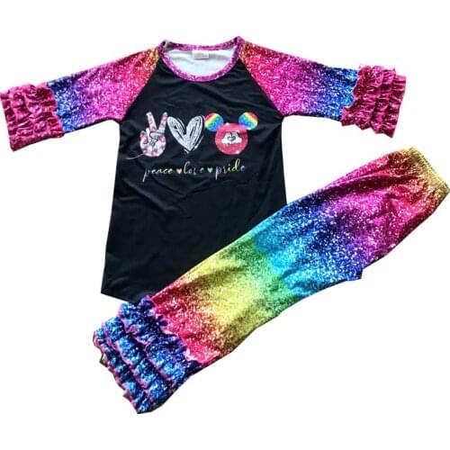 New boutique clothing hot sale autumn baby girl black tie dye raglan sleeves with ruffled Pants Set20