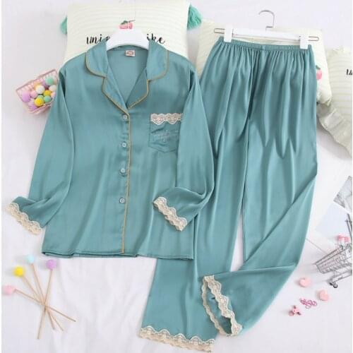 Spring Autumn New Womens Pajamas Sets Long Sleeve Trousers Suit Korean Sweet Nightwear Home Wear Female Sleepwear Sleep Tops