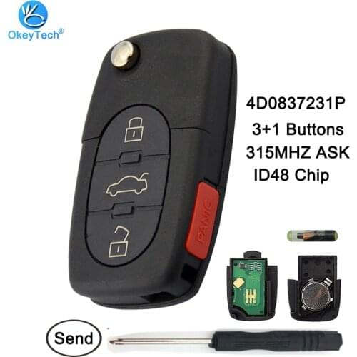 OkeyTech Remote Key 315MHZ With ID48 Chip For Audi A4 A6 A8 S4 S6 S8 4 Button 4D0837231P Uncut HU66 Blade Flip Replacement Key