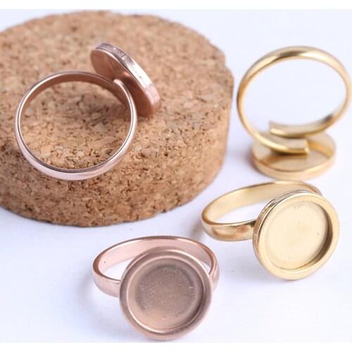 Onwear 10pcs rose gold plated Fitting 12mm round cabochon ring blanks adjustable stainless steel base setting diy jewelry bezels