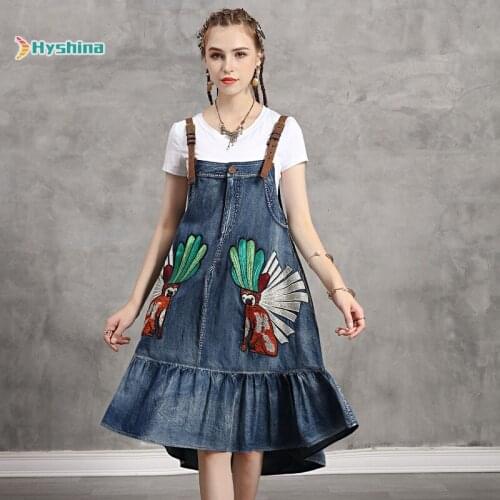 Original Womens Summer Embroidery Dress New Denim Dress Retro Junior Girls Irregular Dress