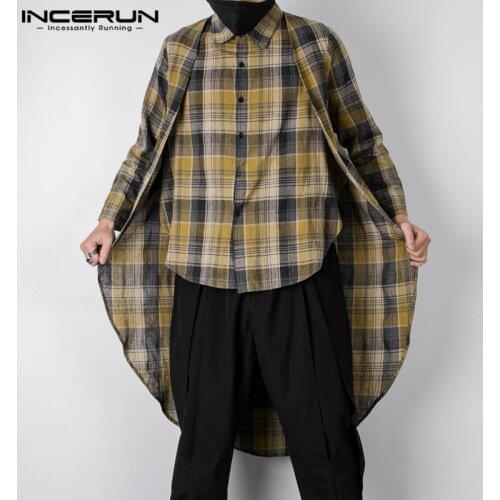 INCERUN Men Plaid Shirt 2021 Turn Down Collar Long Sleeve Button Loose Retro Camisa Masculina Streetwear Casual Irregular Shirts