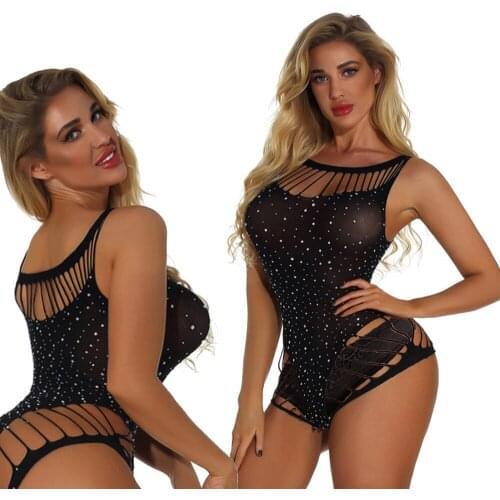 Sexy Teddy Bodysuit Babydolls costume erotic lingerie Bustiers Crotchless Halterneck Bodystocking sex Synthetic diamond