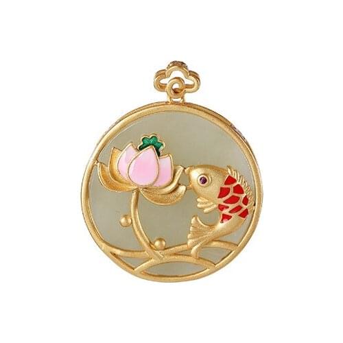S925 sterling silver gold plated Natural Hetian jade Gray jade Retro Cloisonne Carp Lotus Peace buckle Pendant