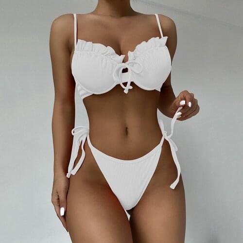 Sexy Ruffle Frill Bikini 2021 New Ribbed Swimwear Women Swimsuit Female Two Pieces Bikini Set Solid Bathing Suit Beachwear Swim