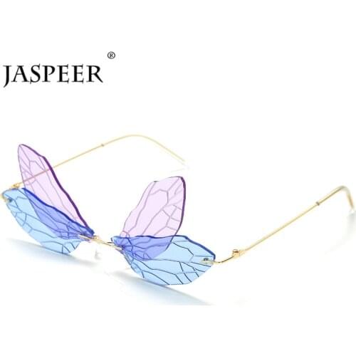 JASPEER New Punk Rimless Sunglasses Women Dragonfly Steampunk Sunglasses Men Bicolor Frameless Sun Glasses UV400 Fashion Eyewear