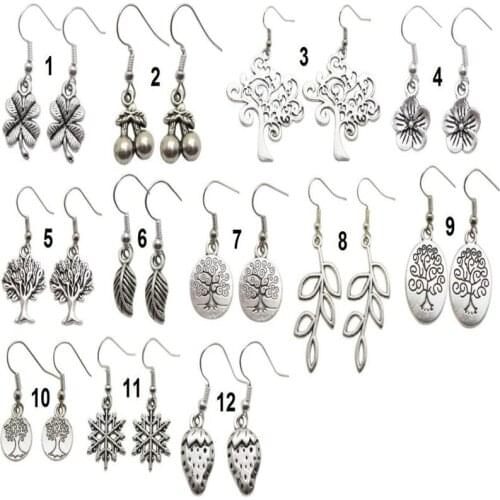 Alloy Round life Tree Earrings Jewelry Punk Leaf Branch Cherry Drop Strawberry Snowflake Dangle Earrings For Women Gift Bijoux