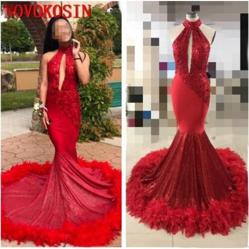 Plus Size Long Sleeve Mermaid Prom Dresses 2019 Sample Sequin Feather Train Formal Evening Dress High Neck Cut-Out Party Gowns