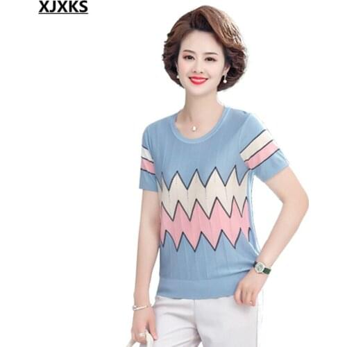XJXKS Round neck short-sleeved top women T-shirt 2021 summer new loose plus size fashion striped women casual T-shirt