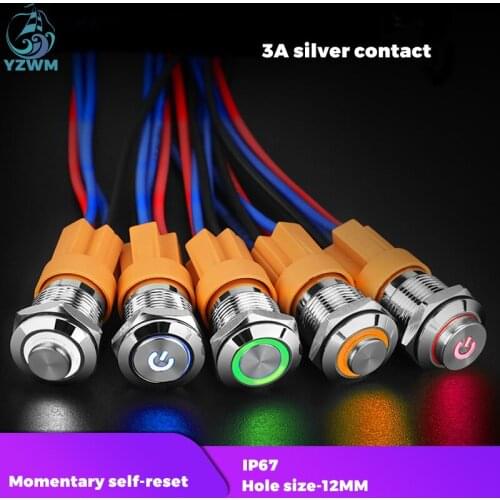 YZWM 12mm Metal Button Switch Small Round High Flat Head Button Waterproof Self Reset Computer Starting Power Conversion