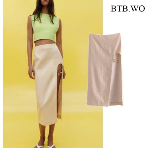 BTB.WO Women Za 2021 Long Skirt Sretro Linen Vintage High Waist Elegant Slim Midi Summer Skirt Female With Side Slit Skirts