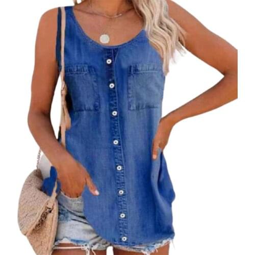 Women Denim Vest Plus Size Solid Color O Neck Sleeveless Female Tanks Top Buttons Thin Denim Casual Loose Office Vest Tshirt