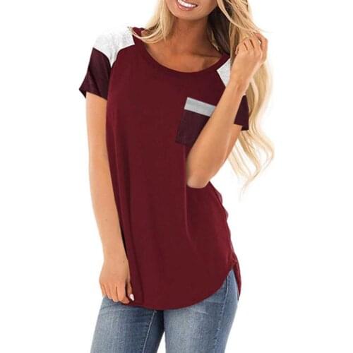 Women Stripe Pocket Patchwork Round Neck Loose Short Sleeve T-shirt Top Blouse