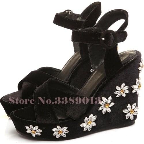 Women sexy wedge sandals pumps platform high heels shiny crystal Ankle wrap woman chaussure zapatos mujer ladies peep toe shoes