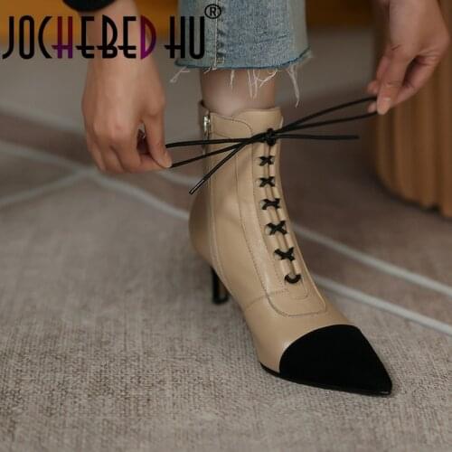 【JOCHEBED HU】Womens genuine leather mix color patchwotk lace-up autumn ankle boots thin high heel pointed toe elegant ladies