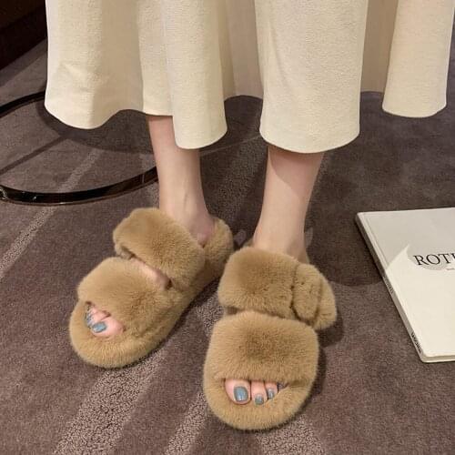 2020Winter Female Fur Slippers Platform Wedge Inner Heel Non Slip Rubber Sole Slides Buckle Decoration Fashion Shoes Girl Ladies