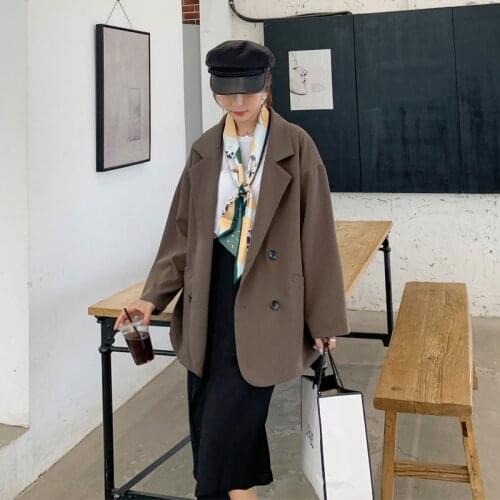 Spring Autumn Vintage Loose Brown Blazers Jacket for Women Elegant Korean Style Ladies Casual Black Suit Coat Outerwear 6012