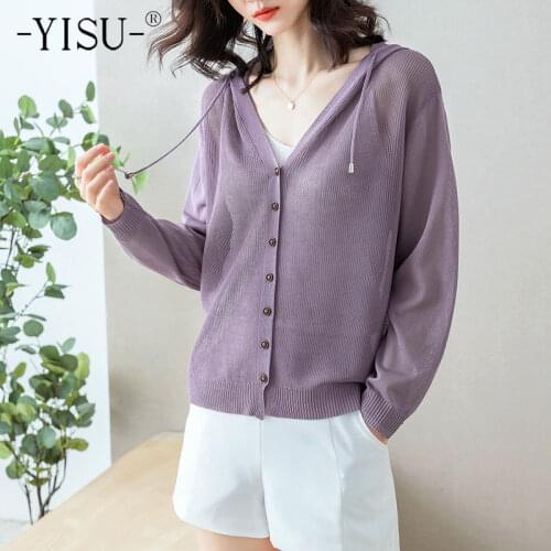 YISU Women Summer Cardigan Female Long Sleeve Sun Protection Clothing Ladies Loose Solid color Sunscreen Transparent Casual Tops