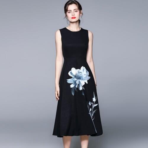 Designer Runway Summer Dress Women O-Neck Fashion Sleeveless High Waist Floral Print Black Elegant Midi Dress k8674