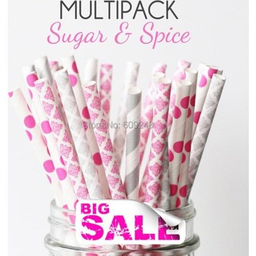 100pcs Mixed Colors SUGAR & SPICE Party Paper Straws,Hot Pink and Silver Damask,Polka Dot,Stripe,Wedding,Girls Night,Baby Shower