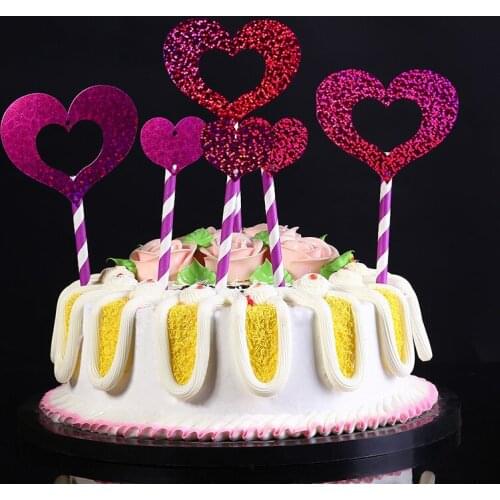 6Pcs/set DIY Multi Color Heart Star Paper Sequins Wedding Party Cake Cupcake Toppers Picks Valentines Day Birthday Party Decor