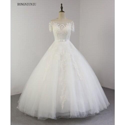Free Shipping wedding dress 2019 Tulle Beading Appliques Ball Gown Boat Neck lace up Short sleeve plus size wedding dresses