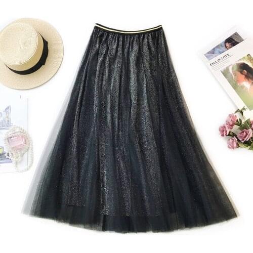 Shine Woman Summer Skirts Fashion Calf-length A-line Party Mesh Skirts for Woman Casual Beach Skirt Woman