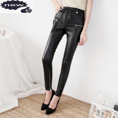 Luxury Women High Waist Lace Genuine Pencil Motorcycle Zipper Slim Fit Long Trousers Lady Push Up Leather Pants