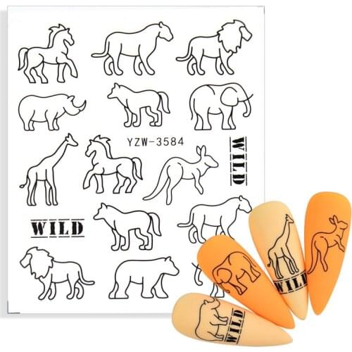 Black Geometric Lines Nail Water Stickers Elephant Lion Rhino Horse Giraffe Slider DIY Nail Art Decoration Watermark Tattoos