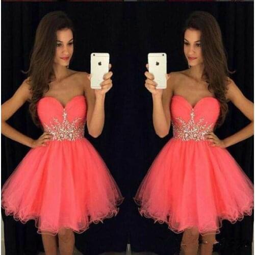 Elegant Short Coral Beaded Tulle Homecoming Dresses A-Line Sweetheart Knee Length Corset Back Graduation Dresses for Juniors