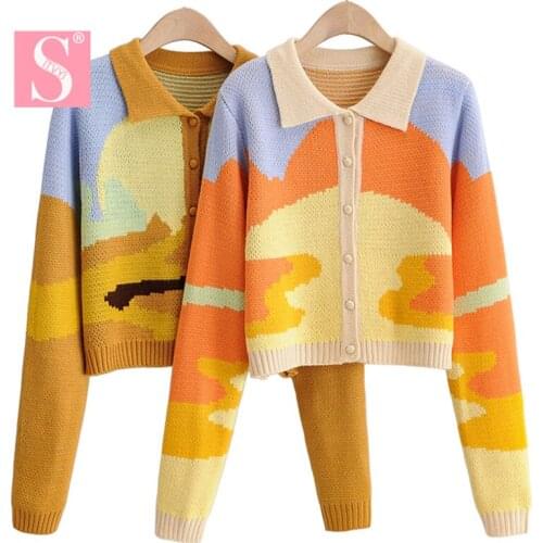 STVY 2021 Fashion Spring Autumn Women Streetwear POLO Collar Cardigan Long-Sleeve Colorful Button Cotton Knitting Short Sweaters