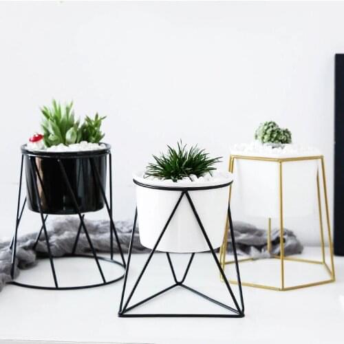 Nordic Geometric Ceramic Planter with Iron Rack Holder Metal Stand Desktop Flower Pot for Succulents Plants Home Garden Decor