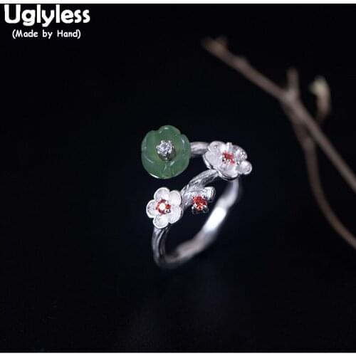 Uglyless 100% Real 925 Sterling Silver Plum Blossom Finger Rings for Women Ethnic Floral Open Rings Jade Flower Fine Jewelry