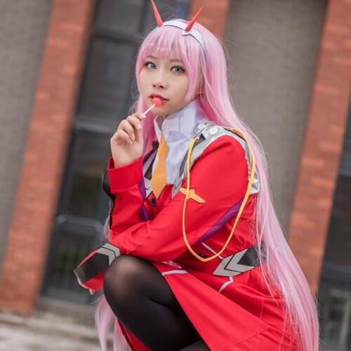 Animie DARLING in the FRANXX 02 Zero Two Cosplay Costume Includes Pink Wig Devil Horns Headdress Halloween Carnival Costume Suit