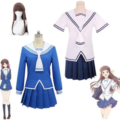 Anime Fruit Basket Cosplay Costume Tohru Cesta de Frutas Girl White and Blue Sailor Suit Set Tie and Wig Halloween Carnival Dres