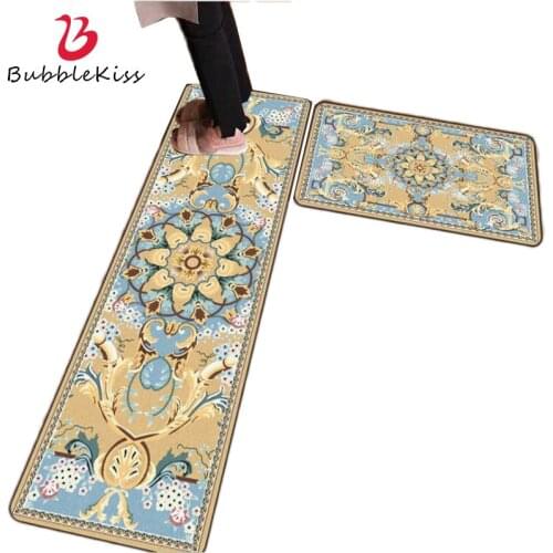 Bubble Kiss Flowers Kitchen Mats 2Pcs European Style Retro Floral Hallway Carpet Home Bedside Floor Doormat Non-Slip Area Rugs