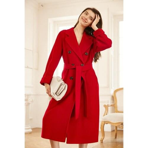 Red double-sided cashmere coat womens middle and long knee 2021 new wool temperament high-end wool coat