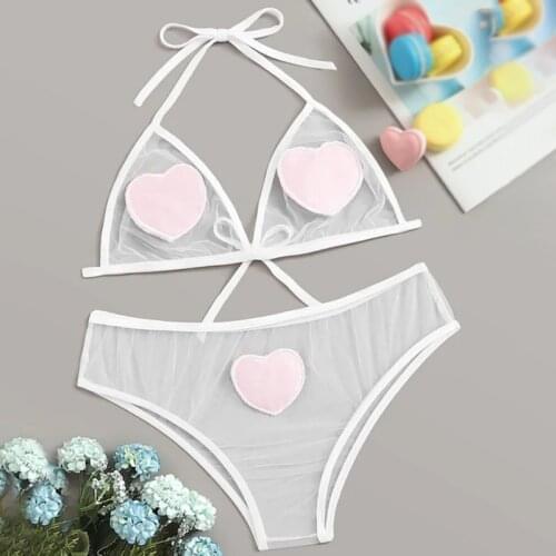 Cute Lingerie Set Women Sexy Pink Love Heart Bow Sheer Lingerie Set Ladies Perspective Underwear Ensemble String Soutien