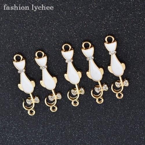 Fashion lychee Cute Crystal Animals Cat Oil Drop Enamel Necklace Pendants For Women Jewelry Making DIY Charms