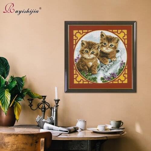 RUYISHIJIA Cross Stitch Kits DIY Needlework For Embroidery Two naughty kittens on shoes,stitch cross