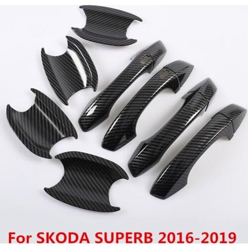 Carbon Fiber Printed Exterior Car Door Handle Cover Bowls Sticker Moulding Trim for Skoda SUPERB 2016 2017 2018 2019
