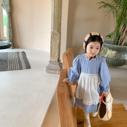 Spring and Autumn New Arrival korean style girls princess dress plaid long sleeve with cute bib for sweet baby girls