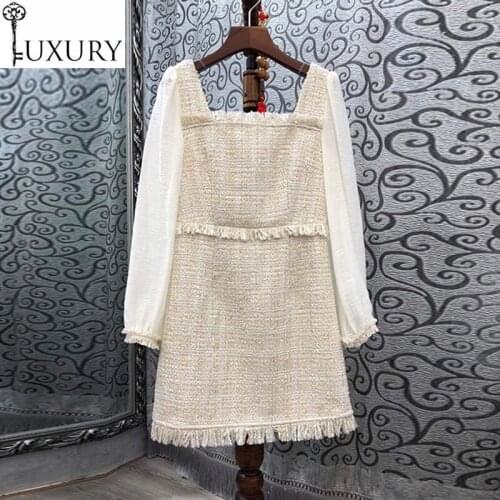 Autumn Winter Fashion 2020 Wool High Quality Women Sexy Square Collar Color Block Sleeve Patchwork Vintage Woolen Dress