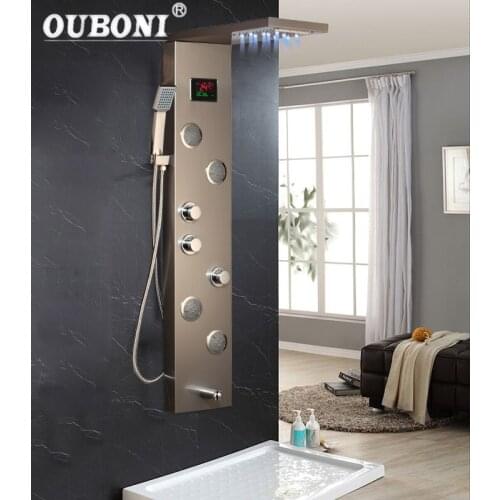 OUBONI Nickel Brush Digital Display Shower Panel Column LED Head Dark Grey Rainfall Shower Spa Jets Bath Shower Mixer Faucet