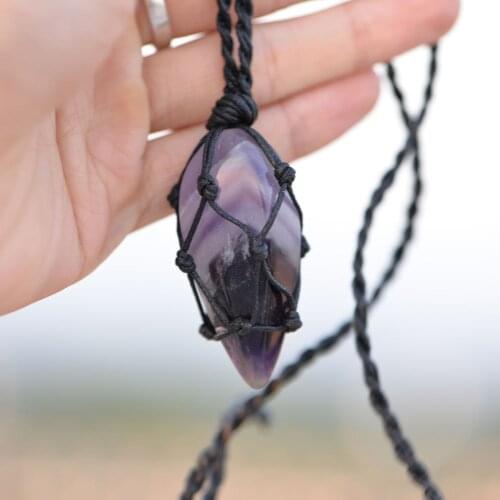 Hemp Wrapped Crystal Necklace Amethys Purple Natural Stone Pendant Macrame Jewelry 45*28mm