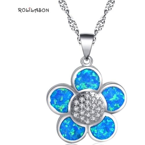 ROLILASON Crystal Fantastic flower desgin blue fire opal silver Pendant Necklaces for women fashion jewelry OP768