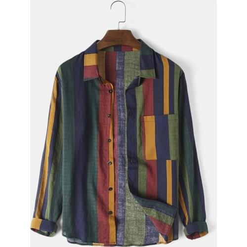 Vintage Stripe Shirt Men Long Sleeve Blouse Cotton Linen Male Shirts Breathable Casual Hip Hop Strretwear Stripe Men Shirts