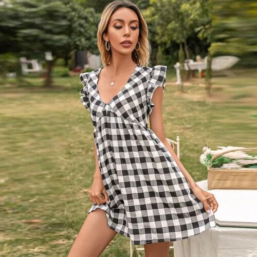 V-Neck Plaid Dress Ruffled Short Sleeve Casual Elegant Short Dresses Lady Sundress 2021 Summer New Womens Clothing Vestidos